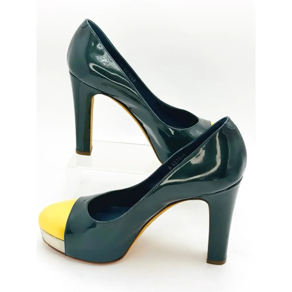 Chanel Vintage Y2K Green Patent Leather Cap Toe Platform Pumps EU 37